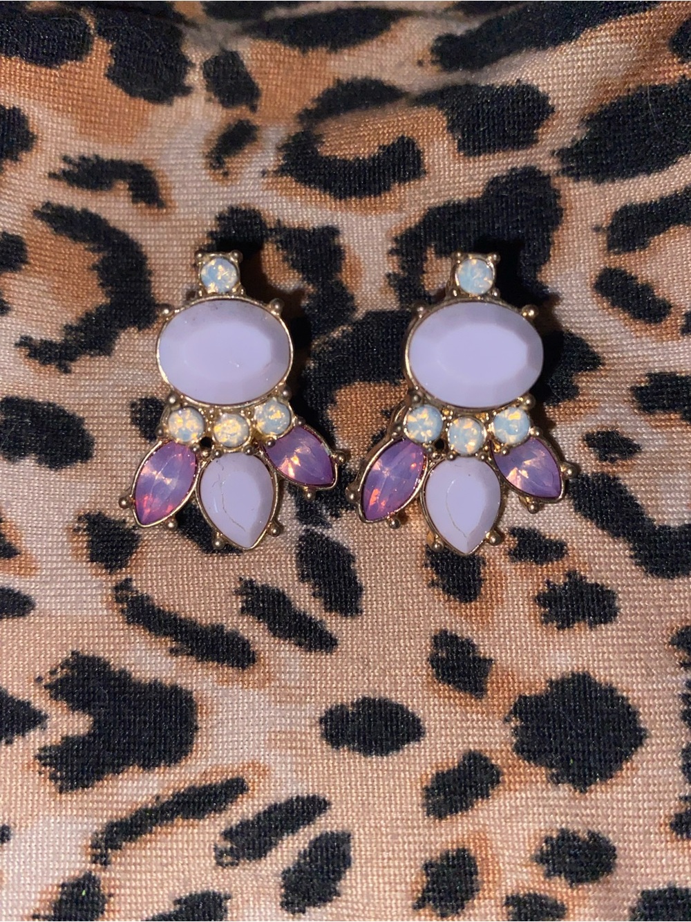 Purple and white chandelier earrings with purple and white teardrop and stones
